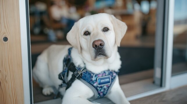 Service dog assisting at doorway during medical therapy session in compassionate environment