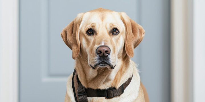 Service dog at doorway during indoor therapy session for emotional support