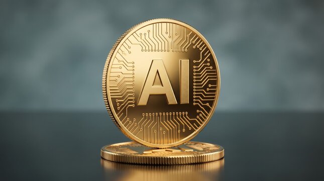 Golden cryptocurrency coin featuring artificial intelligence text and intricate circuit board patterns with metallic reflections
