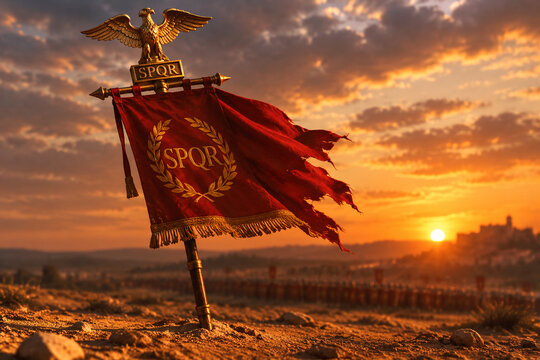 A red Roman legionary standard with a golden eagle planted in sandy soil.