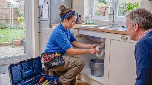 Female plumber fixing sink while man observes in a modern kitchen  