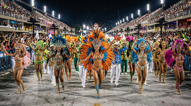 Energetic carnival dancers performing in colorful feathered costumes at night stadium parade