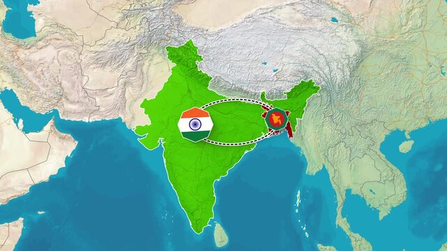 India and Bangladesh Bilateral Relationship Map Animation Footage