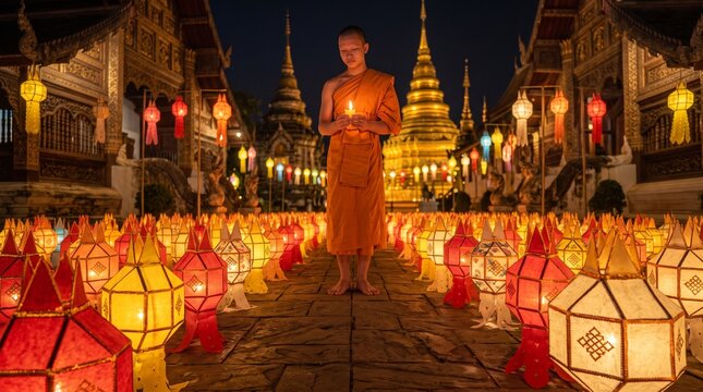 Buddhist monk in saffron robe standing among hundreds of colorful ground lanterns during the Yi Peng festival at a temple in Chiang Mai, Thailand