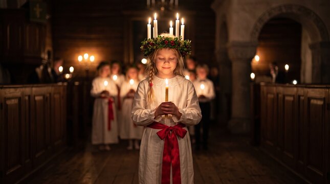 Young Girl Celebrating St. Lucia&rsquo;s Day in Traditional White Linen Robe with Crimson Sash and a Lingonberry Leaf Crown with Five Glowing White Candles