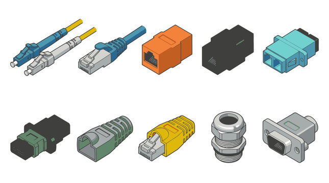 Industrial of Various Network and Fiber Optic Connectors in Different Colors and Styles with high quality professional line art symbols for modern creative design and digital branding projects