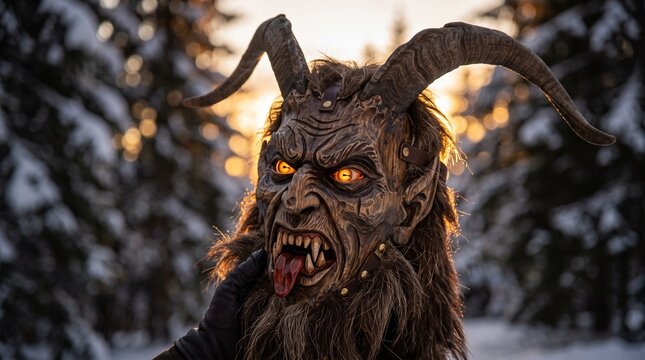 Hand-Carved Wooden Krampus Mask with Curved Goat Horns and Brown Fur, Traditional Alpine Folklore Decoration for Krampusnacht