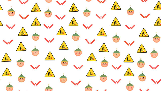 Seamless pattern of elf faces and warning signs