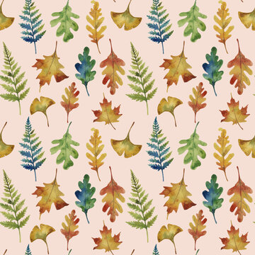 Watercolor Autumn Leaves Seamless Pattern with Oak, Maple, Ginkgo and Fern Foliage-Blush Beige