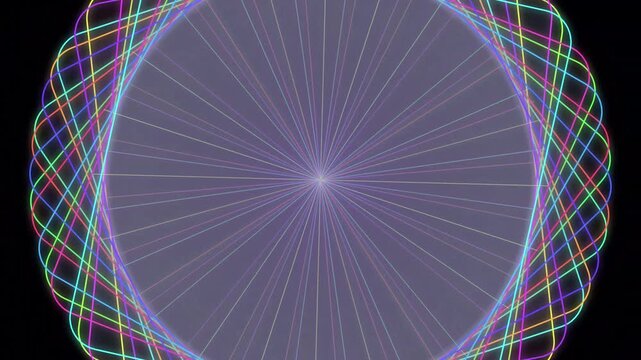Futuristic Glowing Rainbow Spirograph Geometric Mandala Portal with Radial Sunburst Light Rays 4K Video