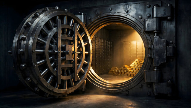 Open bank vault door with stacks of gold bars inside, concept of wealth, investment and financial security