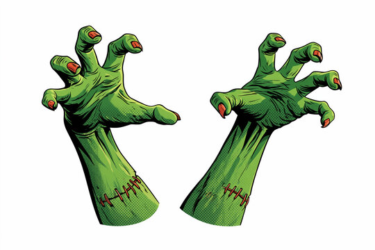 Two green stitched zombie hands reaching in vintage pin-up comic style