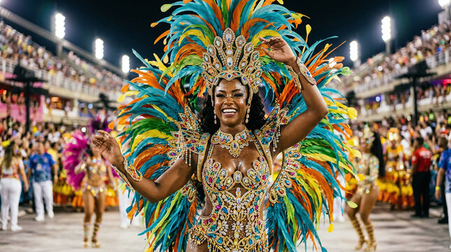 Joyful woman dancing in elaborate feather costume and jewel encrusted crown during night festival parade