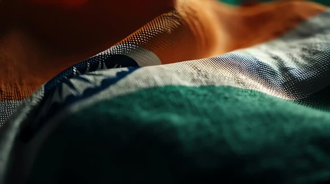 Close-up of India Flag Tricolor, Ashoka Chakra, Patriotism, National Pride, Fabric Texture