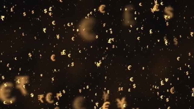 Golden currency symbols rising with dollar, euro, pound, yen and rupee signs floating on dark background, global finance concept