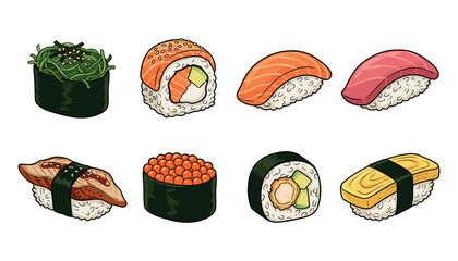 Japanese sushi and traditional cuisine hand drawn vector illustration set. Collection of fresh nigiri, california maki roll, salmon, tuna, unagi eel, tamago omlet, gunkan seaweed and roe. © RUKHSANA