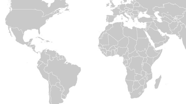 World map zooming out from Central America and Caribbean to full grey world map with country borders on white background