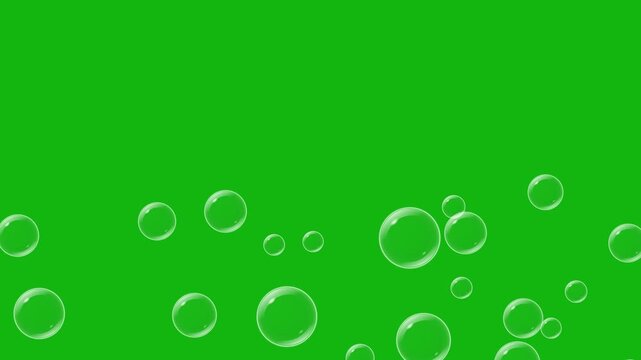 Soap bubbles rising and floating up on green screen, transparent bubbles with highlights for chroma key overlay
