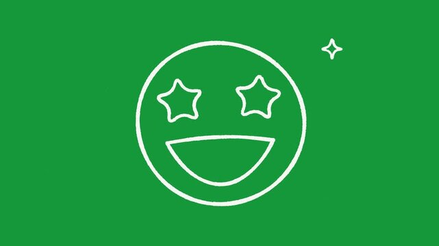Hand drawn star eyes emoji with big smile and sparkles in white doodle lines on green screen, excited emoticon loop