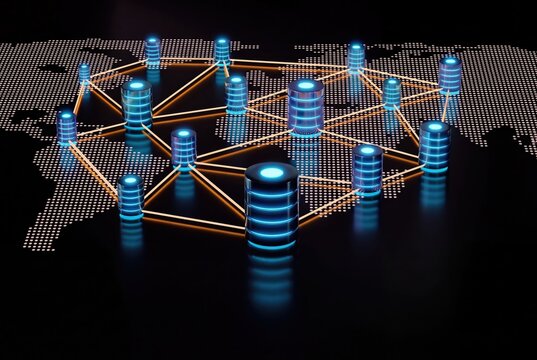 Global data network with glowing blue servers, digital world map connectivity, cloud computing infrastructure