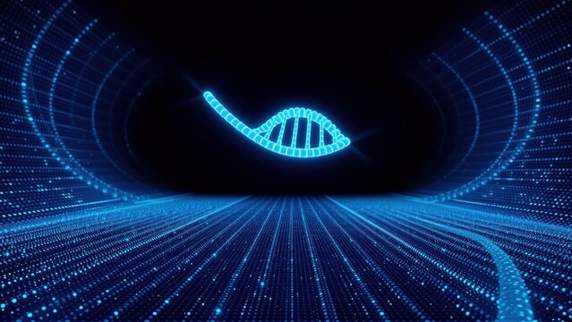 Futuristic depiction DNA structure. Blue glowing particles create tunnel effect, emphasizing genetic code importance. Science, technology concept.