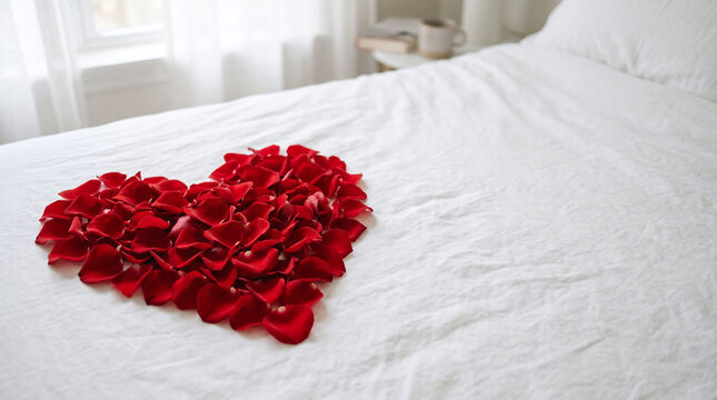 Red rose petals arranged in a heart shape on clean white bed duvet for romantic celebration or surprise
