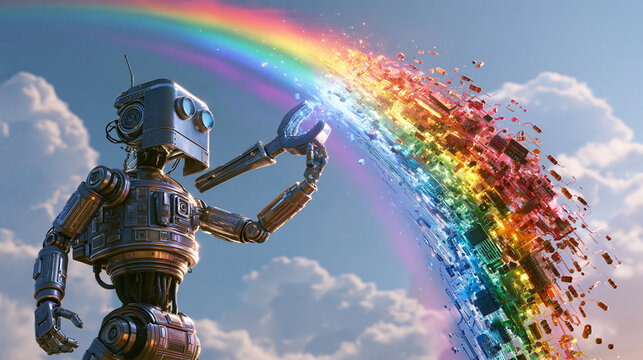 Retro robot shaping a magical rainbow breaking into colorful pixels   