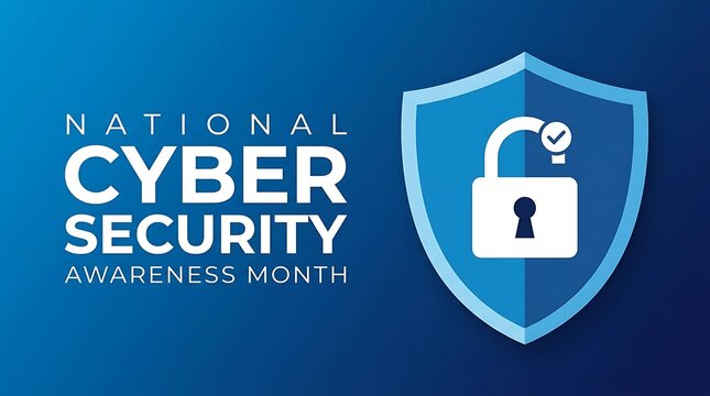 National cyber security awareness month design with white padlock checkmark logo positioned inside prominent blue shield graphic layout against blue gradient background.