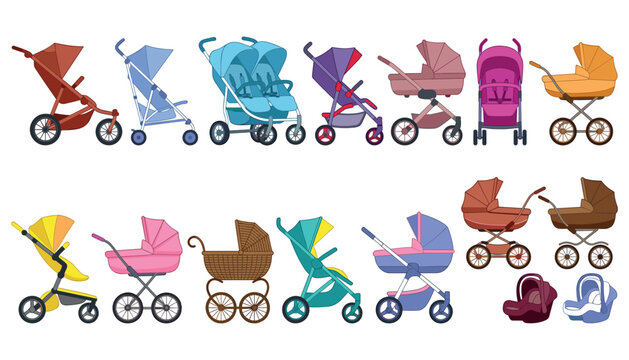 Baby stroller and newborn pram flat vector illustration set. Collection of modern infant buggies, double stroller, vintage carriage, pushchair and child car seats.
