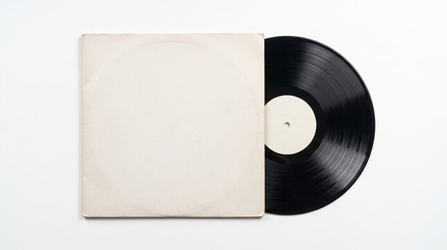 Classic black vinyl record emerging from a plain blank paper sleeve on a clean white surface