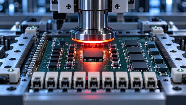 Professional precision industrial robotic machine placing electronic microchip on green printed circuit board inside factory setting for high tech manufacturing.