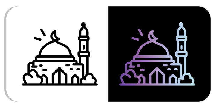 Islamic Mosque Architecture Muslim Worship Doodle Icon Two-tone Version In Black And White Background