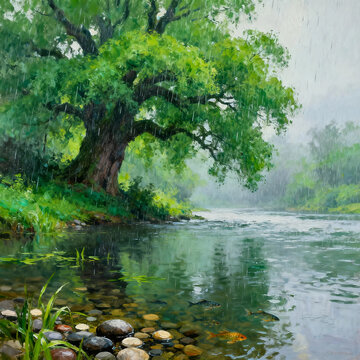 Oil Painting of Rainy Riverside with Big Green Tree
