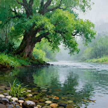 Oil Painting of Rainy Riverside with Big Green Tree