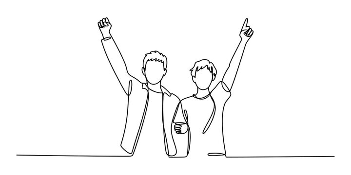 Two happy people standing with hands raised in continuous one line art