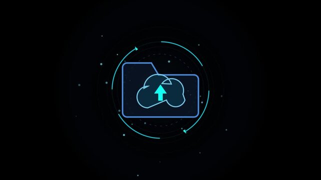 Abstract cloud folder data sync animation on a dark blue background