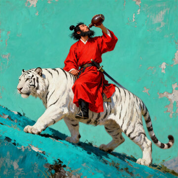 Warrior in Red Drinking While Riding White Tiger