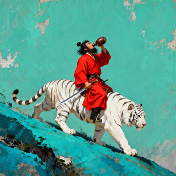 Warrior in Red Drinking While Riding White Tiger