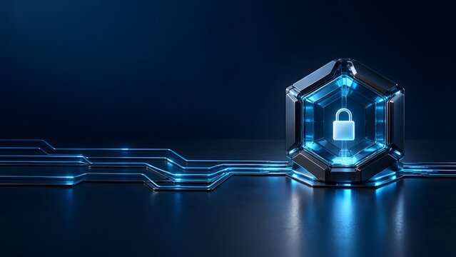 Futuristic metallic hexagonal node with glowing padlock representing blockchain security decentralized network encryption and secure digital asset storage