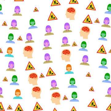 Seamless pattern of women, construction signs, and puzzle brains