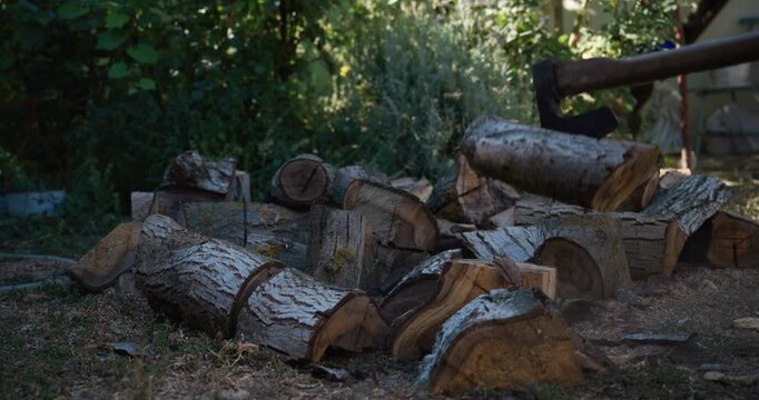 Axe and freshly chopped logs in a backyard surrounded by autumn vegetation and rustic garden elements. Firewood preparation, manual labor, traditional living and seasonal work concept. 4K slow motion.