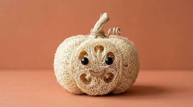 Cute luffa pumpkin craft decoration for halloween and autumn holidays with autumn decor