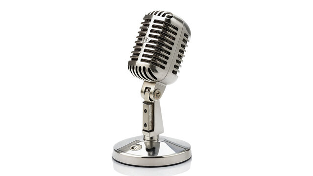 Classic vintage metallic silver vocal audio microphone on stand isolated on transparent background