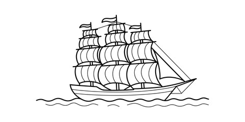 Continuous line drawing Vintage sailing ship with multiple sails floating on ocean waves © CHTRO