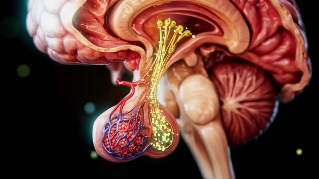 Conceptual 3D animation of the hypothalamus and pituitary axis in a sectioned brain