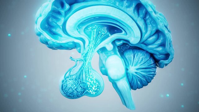 Conceptual 3D animation of the hypothalamus and pituitary axis in a sectioned brain
