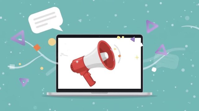 Animated laptop with megaphone and popping chat bubbles for digital marketing concept