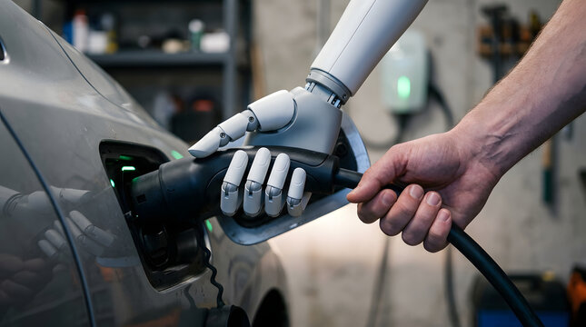 Robot hand and human hand plugging an electric vehicle charging