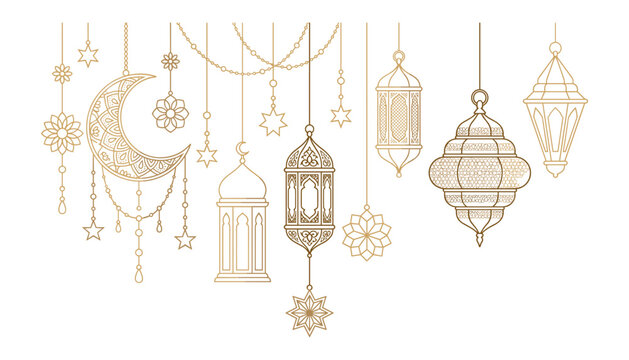 Islamic ramadan hanging golden lantern background. Crescent moon, stars, traditional lamps, arabic ornaments, garlanding chains and decorative celebration elements.