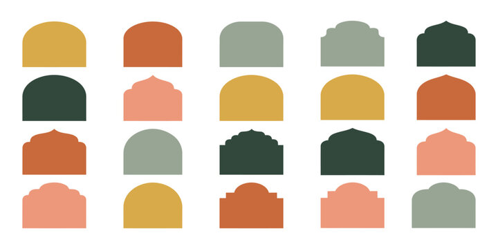 Minimalist boho arch window frames set vector illustration. Architectural oriental dome silhouettes in muted earthy terracotta, mustard, sage green, and peach tones isolated on white.